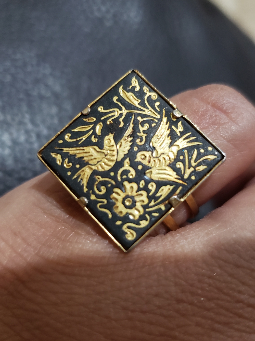 Vintage Black and Gold Square Ring with Bird Motif